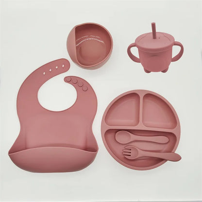 Baby Silicone Tableware Set 8 Piece Suction Bowls Divided Plate Bib Spoon Fork Fall 2025 Self Feeding Aid