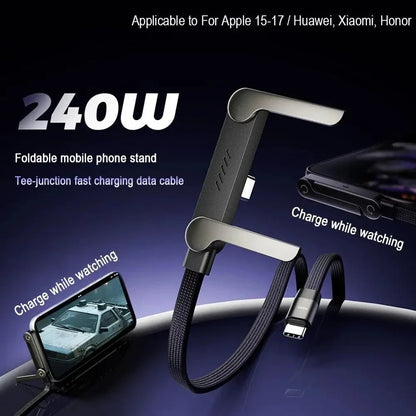 USB-C Fast Charging Cable - Elbow Design, 240W, Type-C To Type-C, Foldable Phone Stand, Back To School 2026 Gift