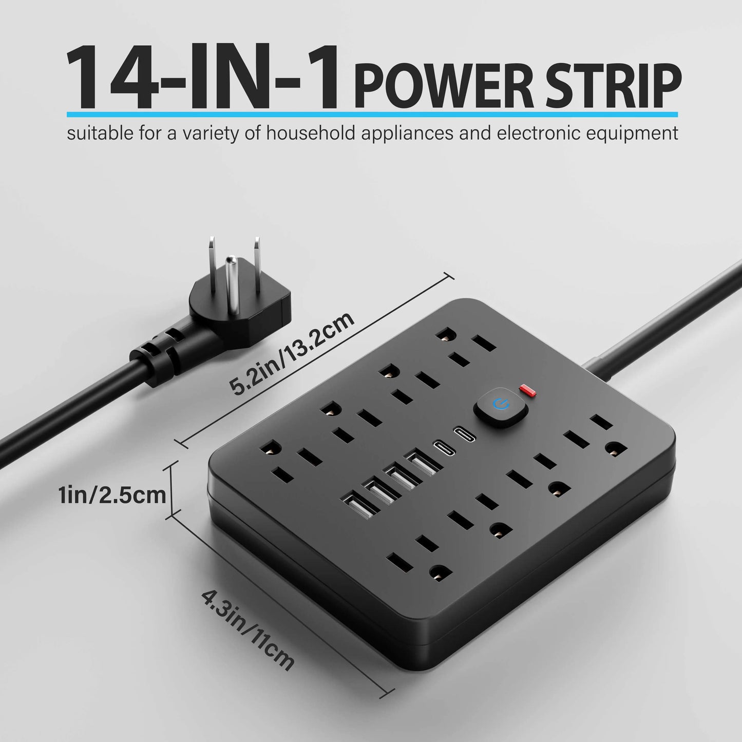 14-in-1 Power Outlet Surge Protector, 8 AC & 4 USB, Extension Cord for Desktop Charging