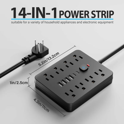 14-in-1 Power Outlet Surge Protector, 8 AC & 4 USB, Extension Cord for Desktop Charging