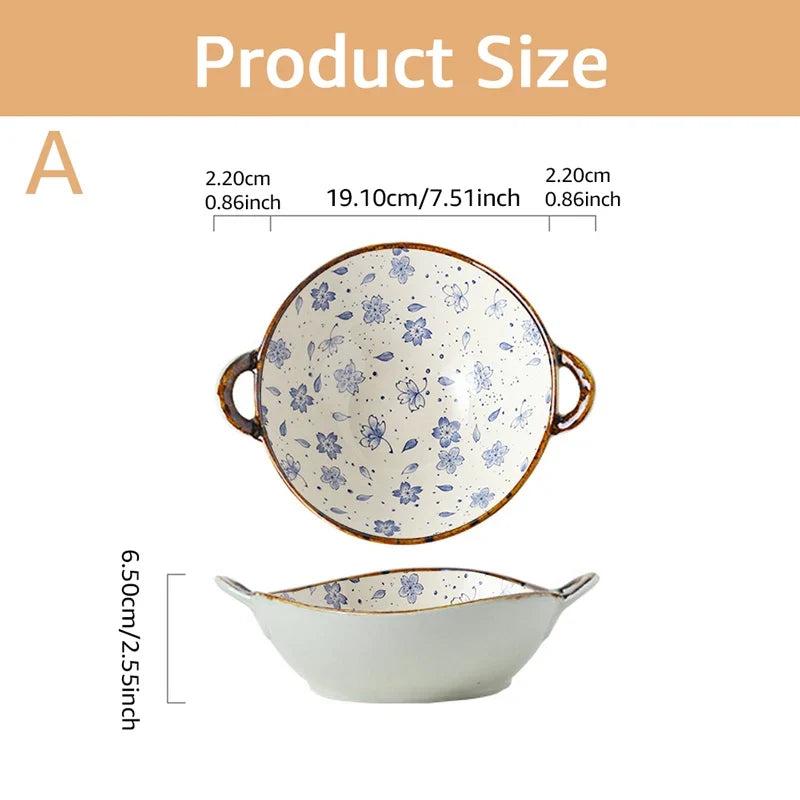 Ceramic 7.5 Inch Noodle Bowl With Handles Floral Porcelain