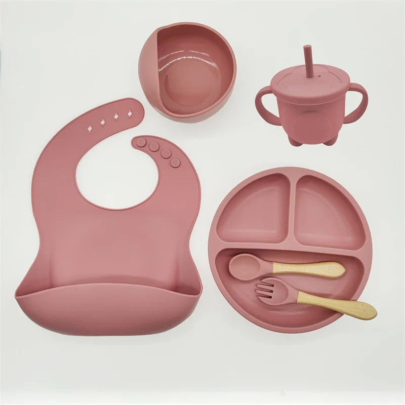 Baby Silicone Tableware Set 8 Piece Suction Bowls Divided Plate Bib Spoon Fork Fall 2025 Self Feeding Aid