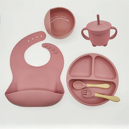 Baby Silicone Tableware Set 8 Piece Suction Bowls Divided Plate Bib Spoon Fork Fall 2025 Self Feeding Aid