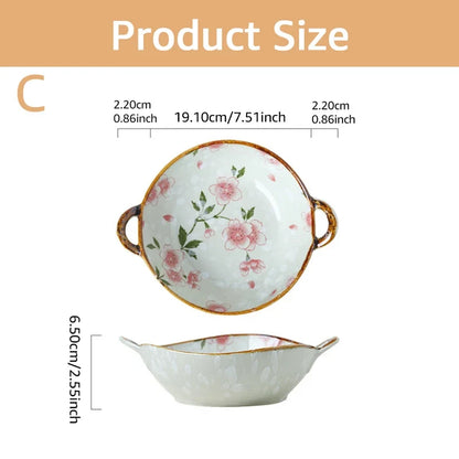 Ceramic 7.5 Inch Noodle Bowl With Handles Floral Porcelain