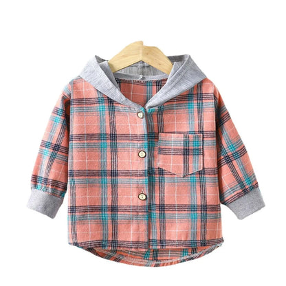 Styling option for boys plaid long sleeve hooded jacket