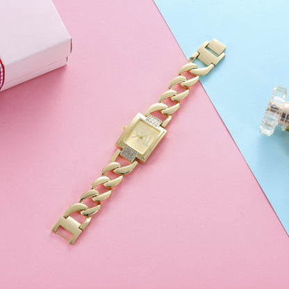 Women's Watch Gold Tone Square Dial, Elegant Alloy Band With Crystal Accents, Summer 2026 Gift