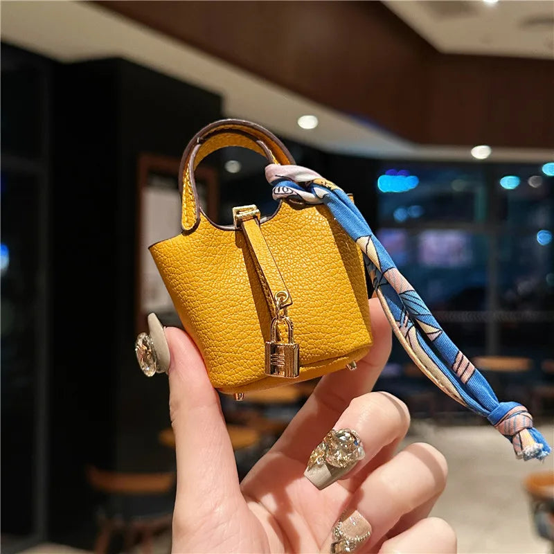 Birkin Inspired Mini Hand Bag - Leather Basket Bag Charm Keychain & Earphone Case