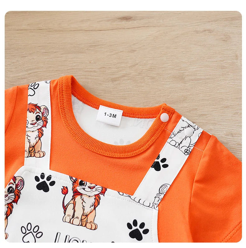 Baby wearing a short-sleeve romper with a lion print and faux two-piece design