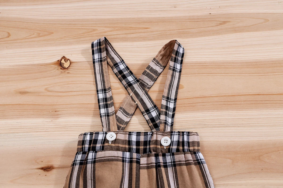 Side view of baby boys plaid bear bodysuit & trousers set