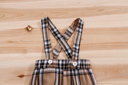 Side view of baby boys plaid bear bodysuit & trousers set