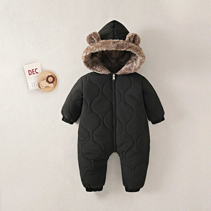 Side view of baby fleece lined hooded winter onesie