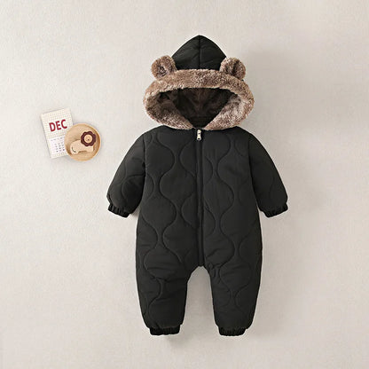 Side view of baby fleece lined hooded winter onesie