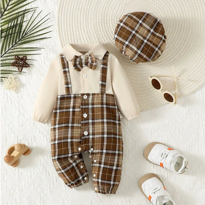 Focus on the neckline and sleeve features of the baby boys gentleman jumpsuit with suspenders and hat