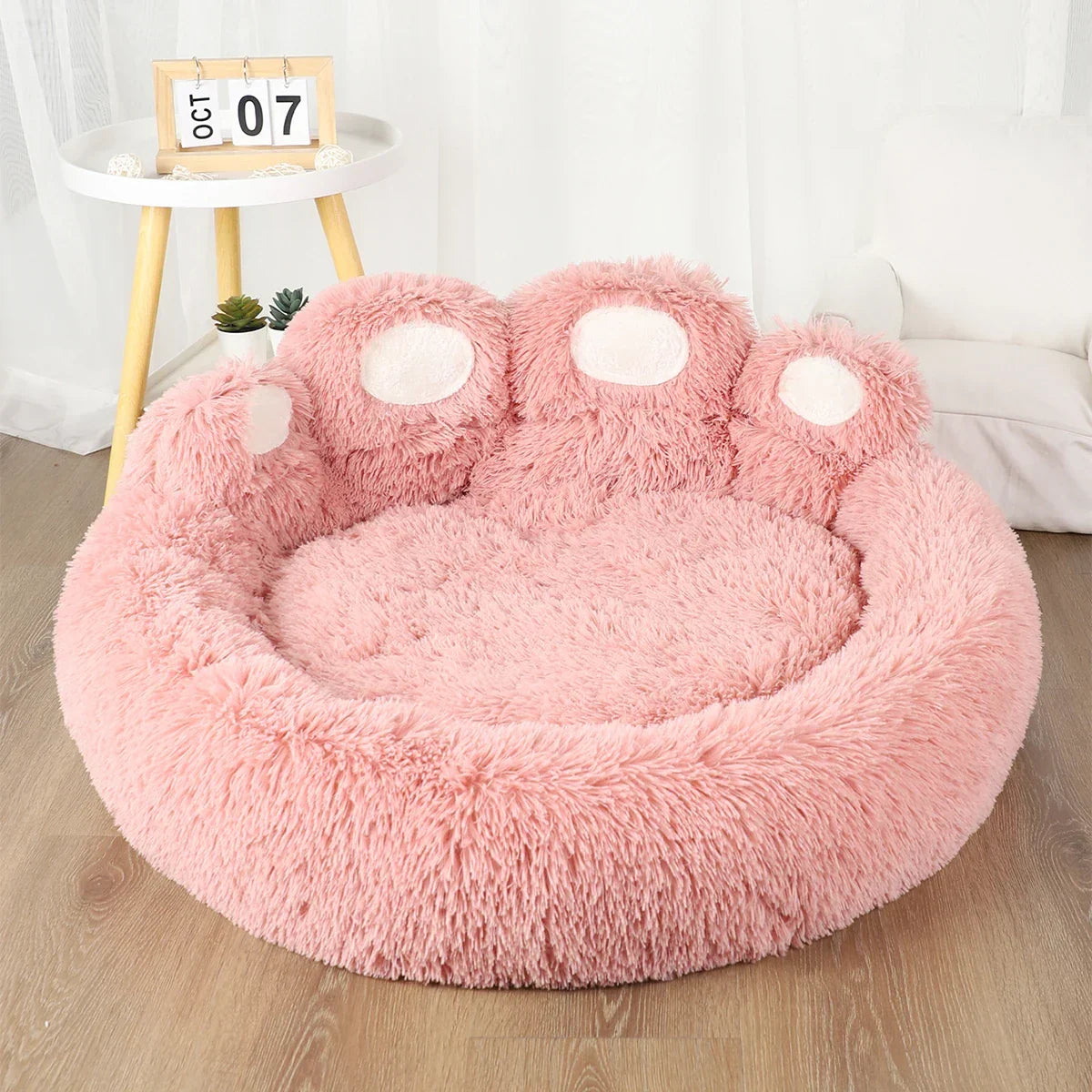 Dog Bed Plush Round Sofa Style Bed For Pets, Fall 2025 Cozy Washable Plush Bed With Paw Backrest Support