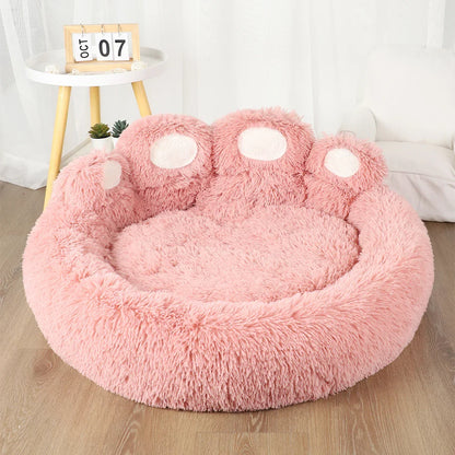 Dog Bed Plush Round Sofa Style Bed For Pets, Fall 2025 Cozy Washable Plush Bed With Paw Backrest Support