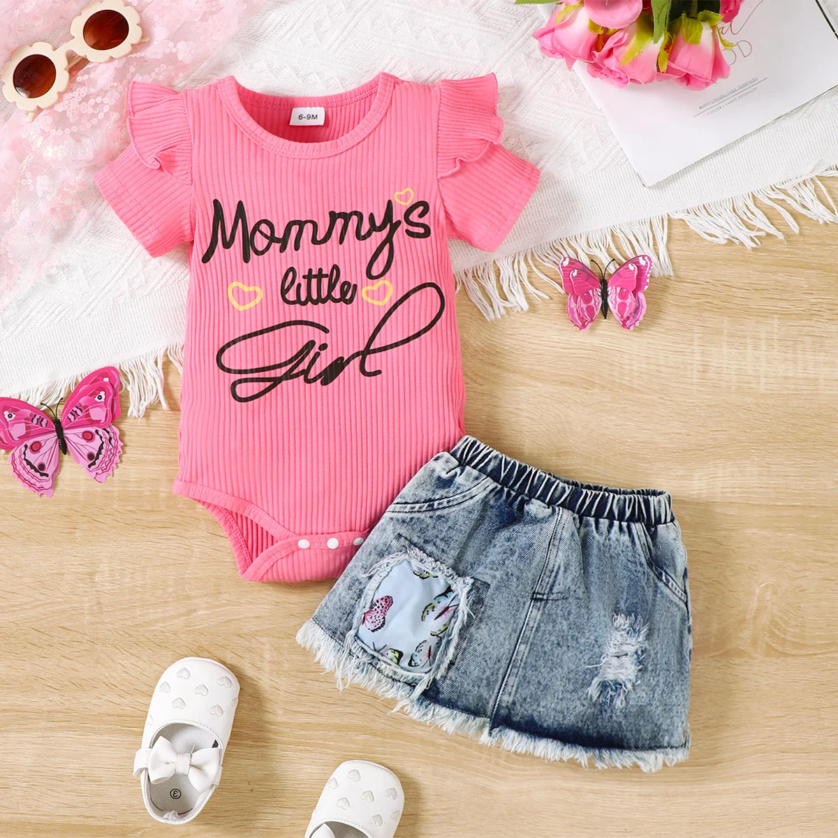 Letter print short sleeve romper and denim skirt summer set for baby girls