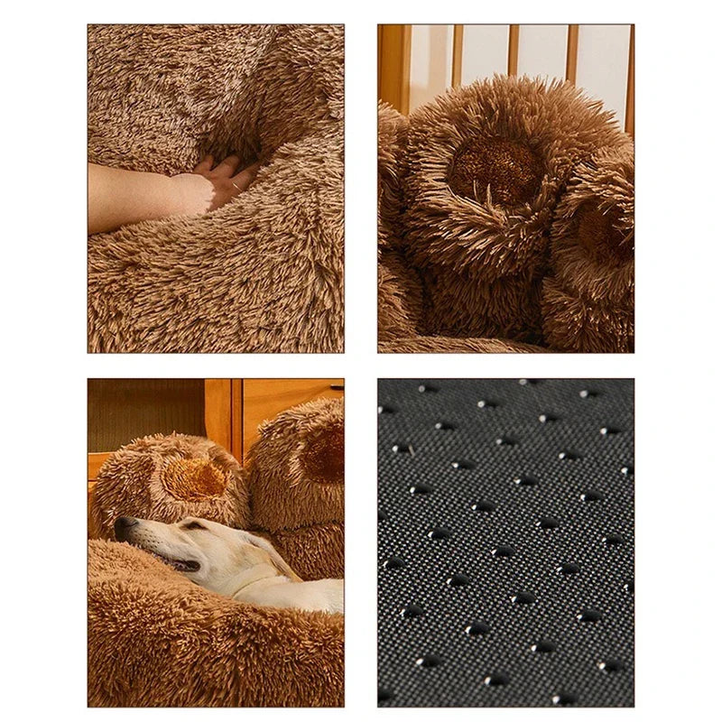 Dog Bed Plush Round Sofa Style Bed For Pets, Fall 2025 Cozy Washable Plush Bed With Paw Backrest Support