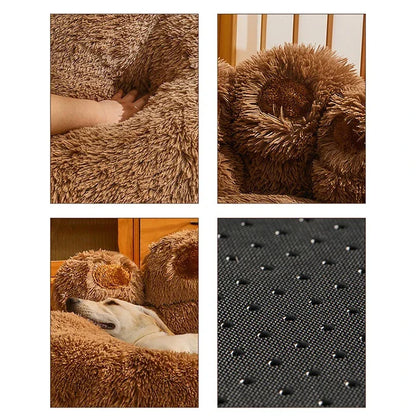 Dog Bed Plush Round Sofa Style Bed For Pets, Fall 2025 Cozy Washable Plush Bed With Paw Backrest Support