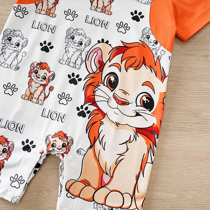 Baby wearing a short-sleeve romper with a lion print and faux two-piece design
