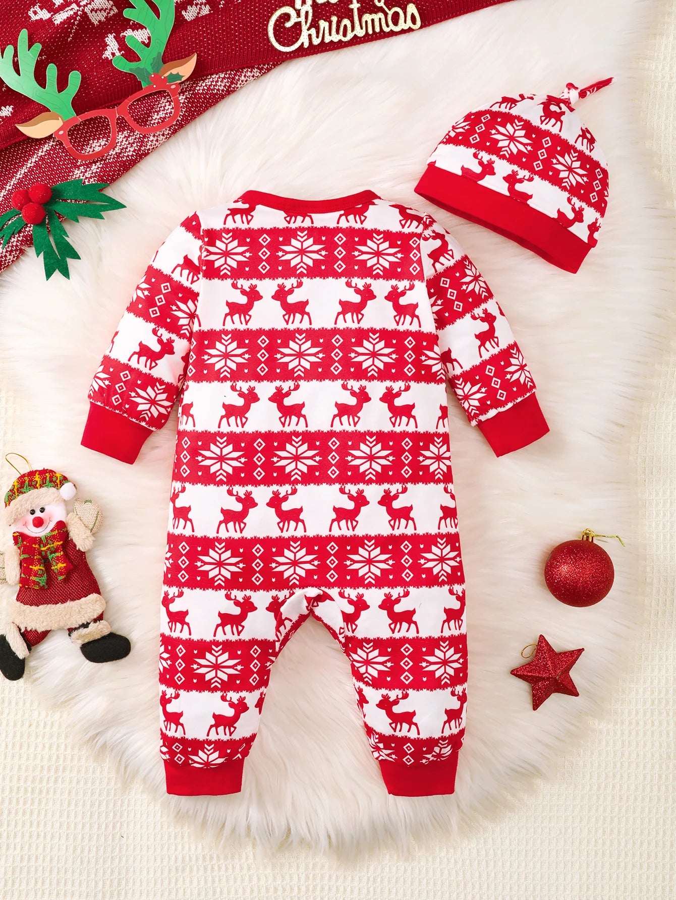 Back view of baby boys bear print button-up winter romper