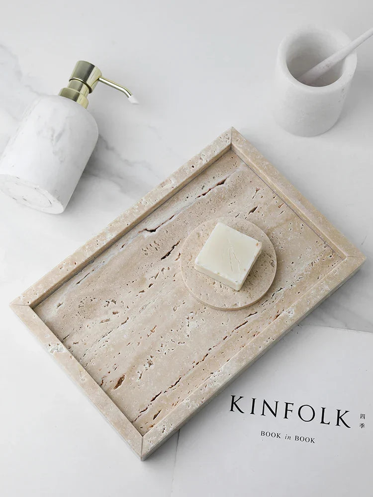 Vanity Tray Travertine Stone Minimalist Marble Style Tray Beige Organizer Fall 2025 Coffee Table Decor Gift