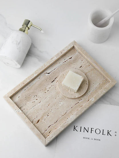 Vanity Tray Travertine Stone Minimalist Marble Style Tray Beige Organizer Fall 2025 Coffee Table Decor Gift