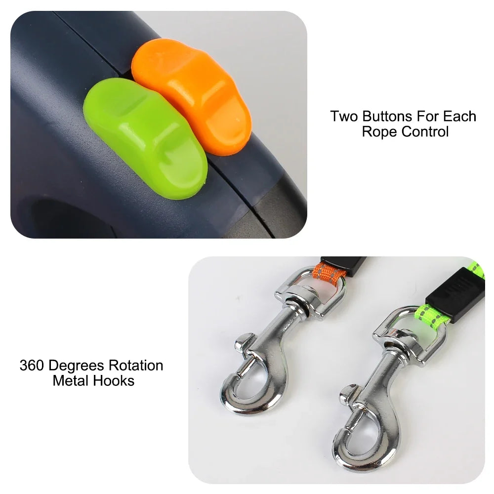 Dual Dog Leash 3m Retractable with Flashlight & Waste Bag Box, Auto-Extend Traction Rope
