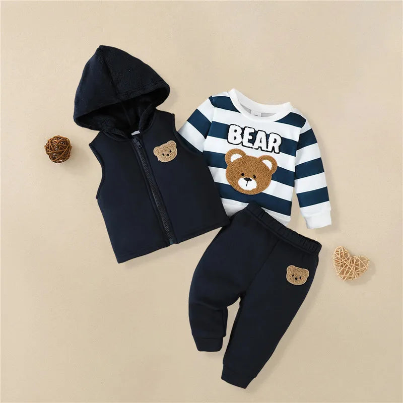 Side view of boys bear embroidery sweatshirt & joggers