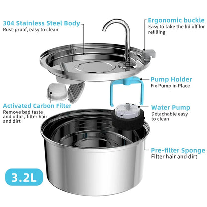 Stainless Steel Automatic Pet Water Fountain USB Mute Dog Cat Filter Bowl