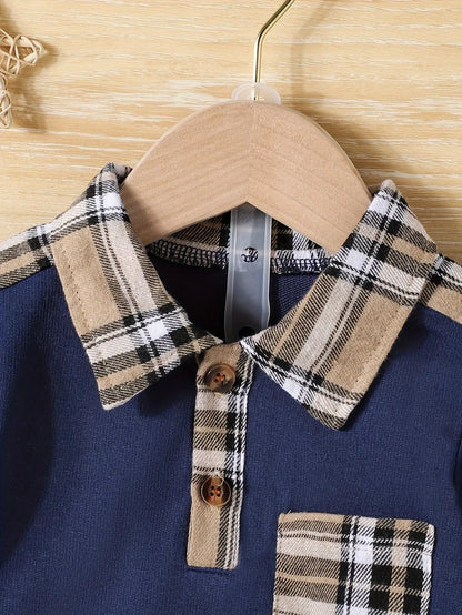 Back view of baby boys plaid collared summer outfit