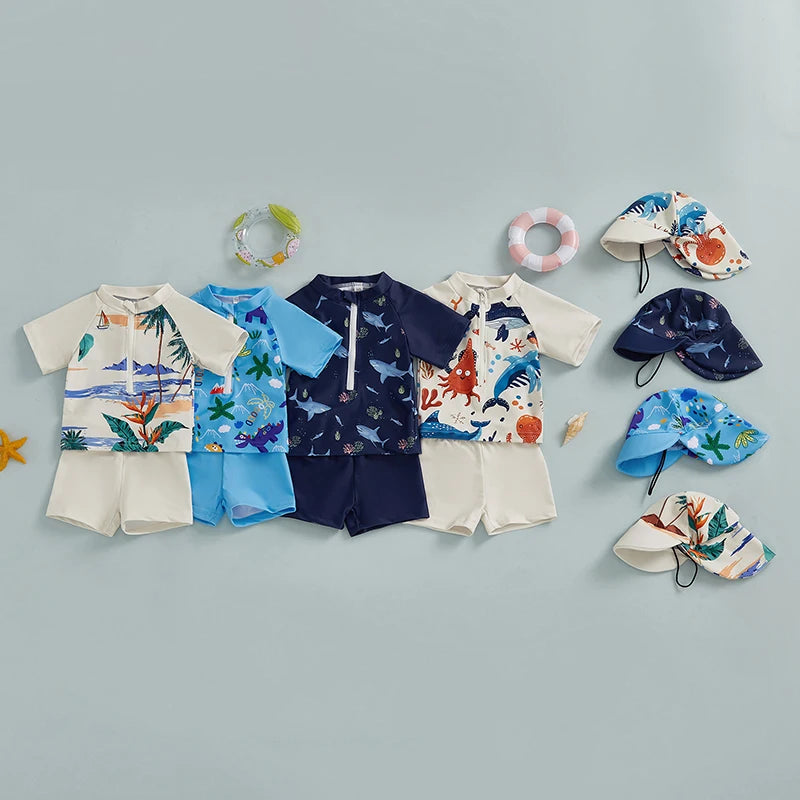 Close-up material detail of baby boys 3-piece zip rash guard swimwear set