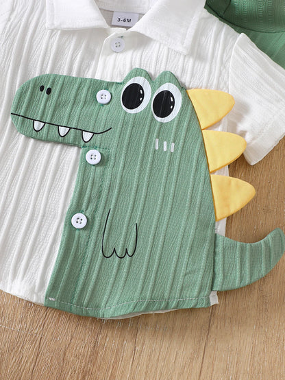 Close up detail of baby boys dinosaur summer outfit & sun hat