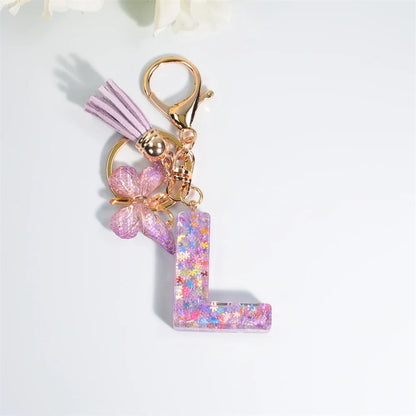 Sequin Letter Keychain With Butterfly Tassel Charm