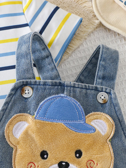 Close-up material detail of baby boys striped t-shirt and bear denim overalls set