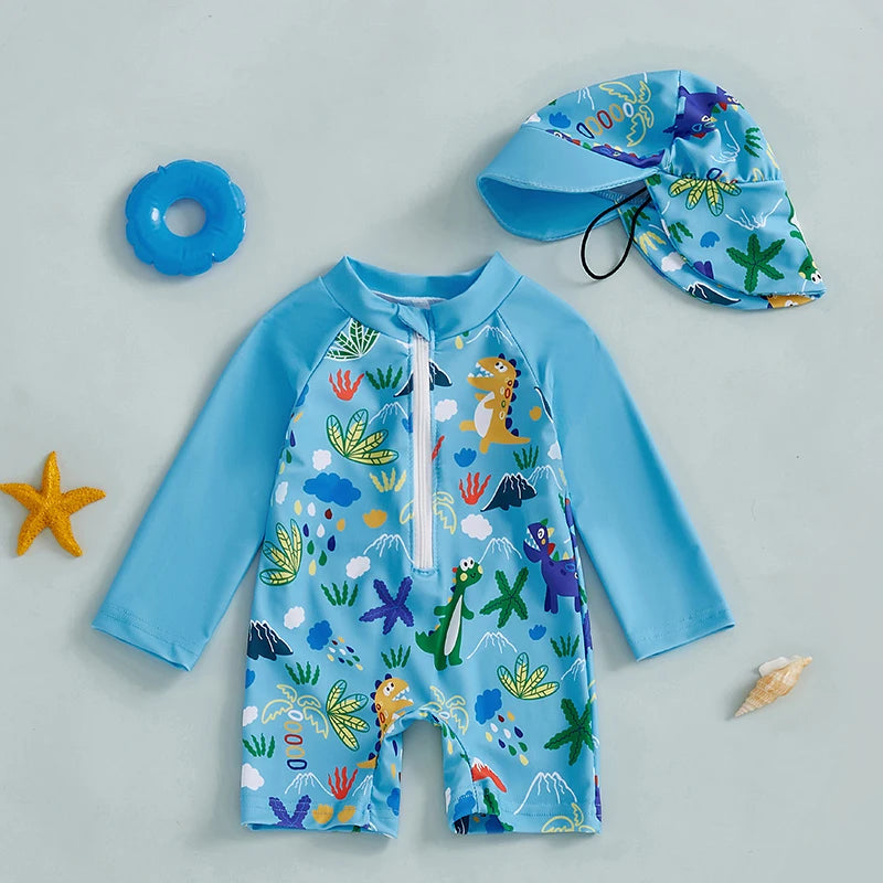 Boys three-piece swimwear set with shark print long-sleeve rash guard, trunks, and hat