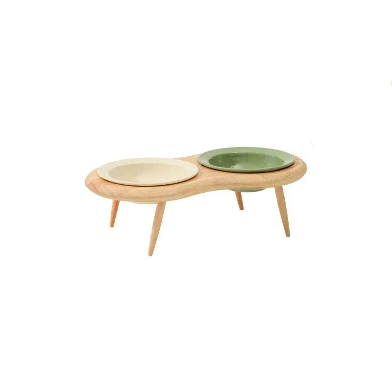 Cat Ceramic Bowl Set Height Adjustable Elevated Wooden Stand Double Food Water Bowls Fall 2025 Mess Free Feeding