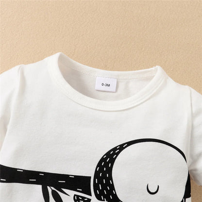Back or secondary profile shot of the baby boys panda bear short sleeve romper and hat set