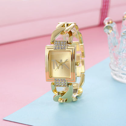 Women's Watch Gold Tone Square Dial, Elegant Alloy Band With Crystal Accents, Summer 2026 Gift