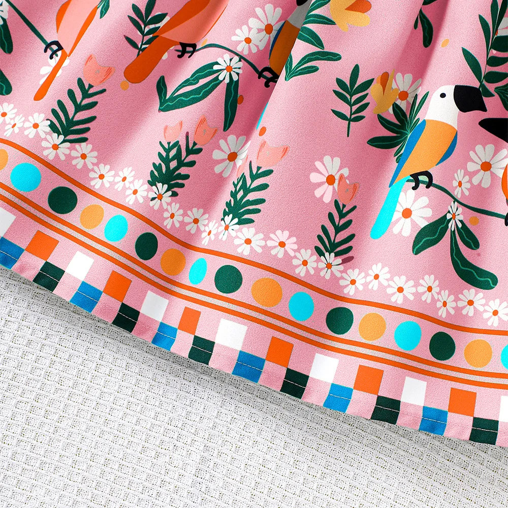 Styling option and alternate perspective of the girls botanical print flutter sleeve dress
