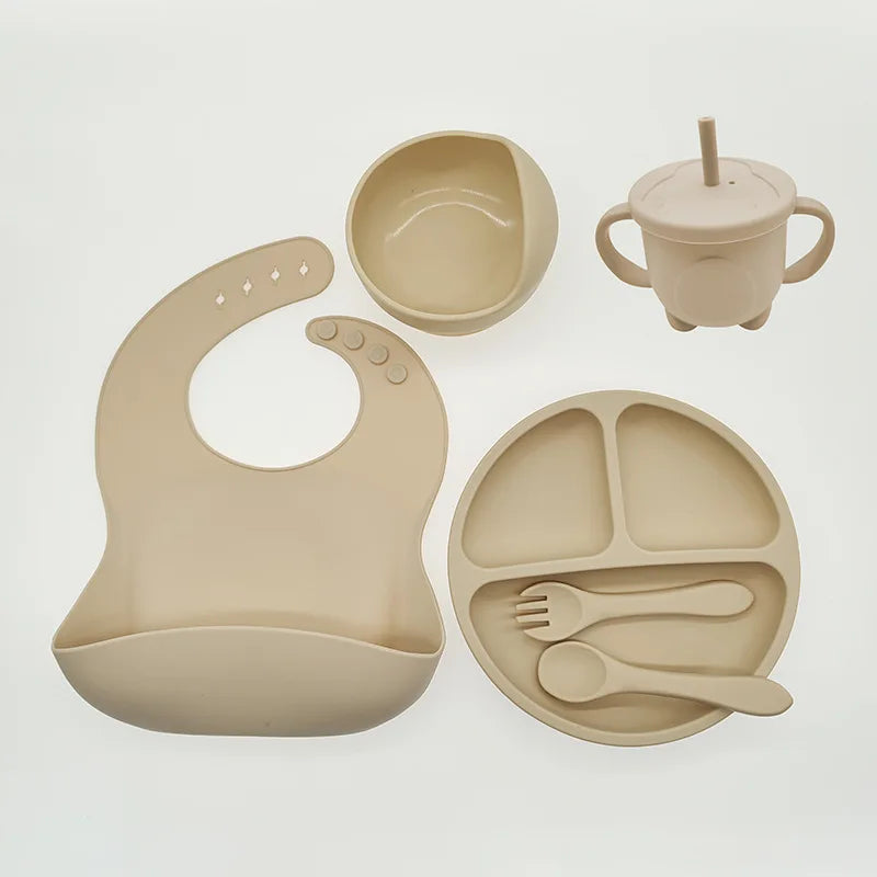 Baby Silicone Tableware Set 8 Piece Suction Bowls Divided Plate Bib Spoon Fork Fall 2025 Self Feeding Aid