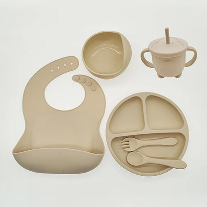 Baby Silicone Tableware Set 8 Piece Suction Bowls Divided Plate Bib Spoon Fork Fall 2025 Self Feeding Aid