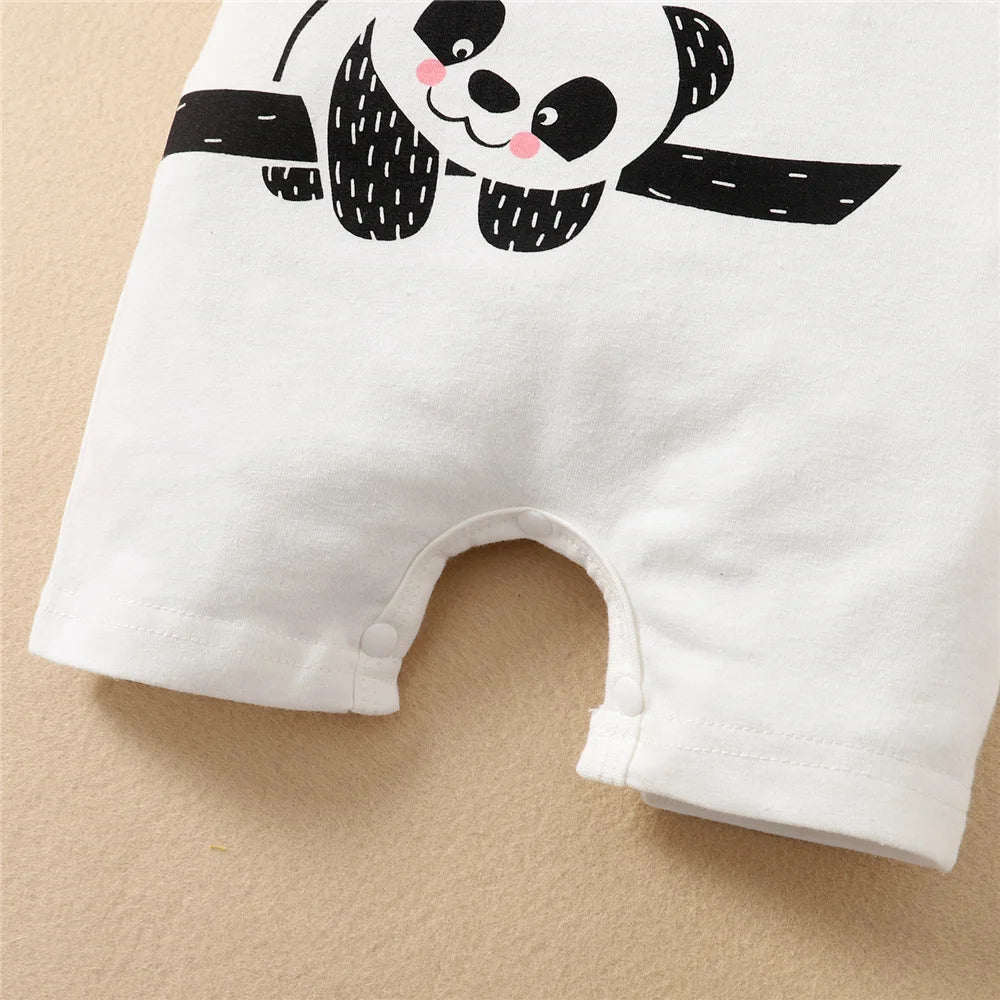 Occasion style layout showcasing the baby boys panda bear short sleeve romper and hat set