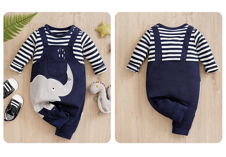Occasion style layout showcasing the baby striped elephant and giraffe print romper