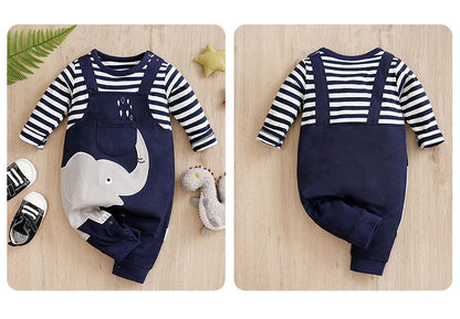 Occasion style layout showcasing the baby striped elephant and giraffe print romper