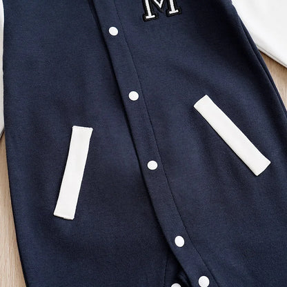 Styling option and alternate perspective of the baby boys cotton baseball romper