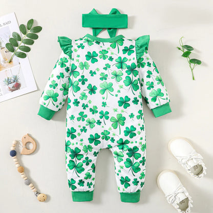 Detail shot of the baby boys bear print button-up winter romper