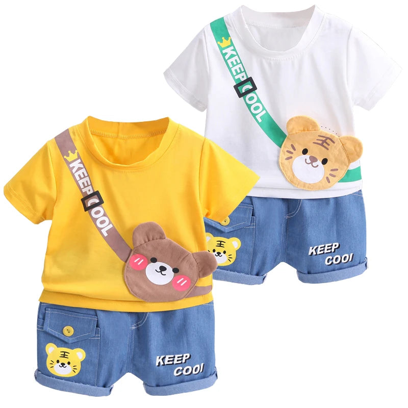 Detail view showing the fabric finish and pattern of the boys cartoon bear t-shirt and shorts set