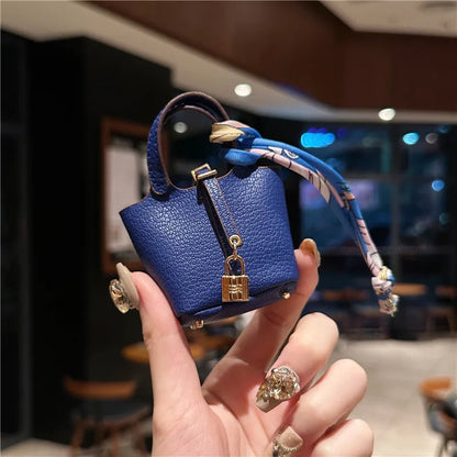 Birkin Inspired Mini Hand Bag - Leather Basket Bag Charm Keychain & Earphone Case