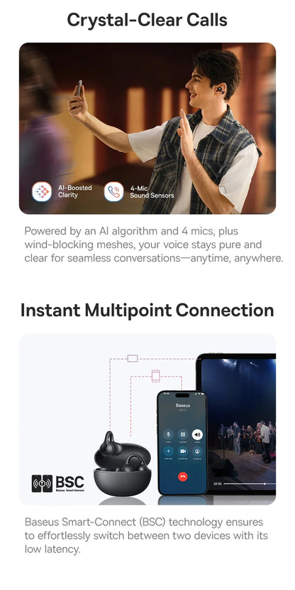 Baseus BC1 Open-Ear Clip Earbuds Bluetooth 6.0 – 4-Mic Noise Cancellation Super Bass IP55 Sports 2026