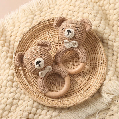 Crochet Bear Teether Rattle Ring Newborn Sensory Toys
